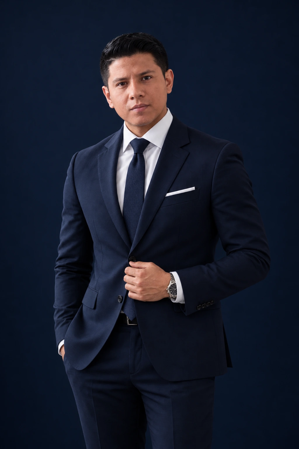 Cristhian López con traje azul y mano en la chaqueta